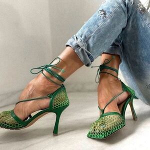 NWT Gianni Bini Green Reagan Mesh and Leather Ankle Wrap Heels Size 6.5